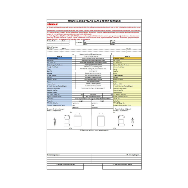 MADDİ HASARLI TRAFİK KAZASI TESPİT TUTANAĞI OTOKOPİLİ 50 Lİ